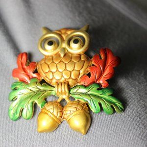 Tara Signed Owl Brooch Acorns Vintage Figural